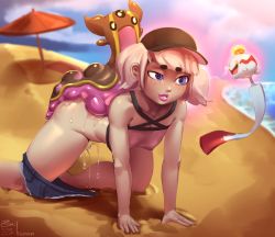 Rule 34 | 1boy, 1girl, @ @, all fours, artist name, bare shoulders, baseball cap, beach, beach umbrella, bestiality, bikupan, black headwear, black sclera, blue shorts, blue sky, breasts, chimecho, closed mouth, cloud, collarbone, colored sclera, creatures (company), crop top, dated, day, denim, floating, freckles, game freak, gastrodon, gen 3 pokemon, gen 4 pokemon, happy, hat, hypnosis, lips, lipstick, makeup, micro shorts, mind control, nintendo, ocean, open mouth, original, outdoors, parted lips, pink hair, pink lips, pink shirt, pokemon, pokemon (creature), pokephilia, purple eyes, pussy juice, sand, shiny skin, shirt, short hair, shorts, shorts around one leg, signature, sky, sleeveless, sleeveless shirt, slug, small breasts, smile, teeth, twintails, umbrella, uneven eyes, water, white eyes, yellow eyes