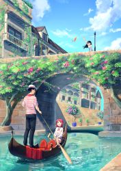 Rule 34 | 1boy, 2girls, :d, :o, ahoge, black hair, black pants, boat, bridge, building, canal, day, dress, flower, gondola, hat, highres, kurageso, looking at viewer, looking up, multiple girls, open mouth, original, outdoors, pants, pink flower, plant, potted plant, red eyes, red hair, scenery, shirt, short hair, short sleeves, sitting, smile, standing, striped clothes, striped shirt, sun hat, sundress, tree, uniform, vines, water, watercraft, waving, white headwear