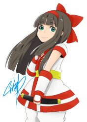 Rule 34 | 1girl, absurdres, ainu clothes, artist name, breasts, brown hair, green eyes, hair ribbon, hand on own chest, highres, legs, long hair, looking at viewer, nakoruru, pants, ribbon, samurai spirits, small breasts, smile, snk, solo, the king of fighters, thighs, weapon