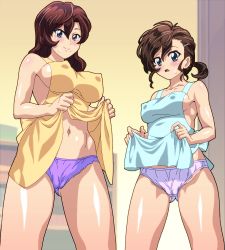 Rule 34 | 2girls, apron, apron lift, blurry, blush, breasts, brown hair, clothes lift, covered erect nipples, depth of field, gegege no kitarou, hemo nemo, inuyama junko, inuyama mana, large breasts, lifted by self, mature female, mother and daughter, multiple girls, nearly naked apron, panties, purple panties, shiny skin, small breasts, smile, standing, sweatdrop, underwear