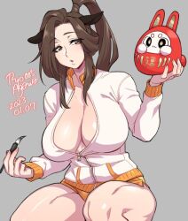 Rule 34 | 1girl, agawa ryou, animal ears, artist name, breasts, brown eyes, brown hair, calligraphy brush, chinese zodiac, cleavage, collarbone, commentary, cowboy shot, daruma doll, dated, english commentary, grey background, gym shorts, hand up, high ponytail, horse ears, huge breasts, jacket, large breasts, long hair, long sleeves, looking to the side, no bra, numbered, orange shorts, original, paintbrush, parted bangs, parted lips, partially unzipped, short shorts, shorts, sidelocks, simple background, sitting, solo, straight hair, turtleneck, white jacket, year of the rabbit