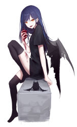 Rule 34 | 1girl, :d, animal, bat (animal), bat wings, black dress, black thighhighs, black wings, blood, blood on face, blood on hands, blue hair, breasts, dress, fangs, gnns, heart, heart (organ), highres, holding, holding heart, knee up, long hair, multicolored hair, no shoes, open mouth, original, red eyes, short sleeves, simple background, sitting, small breasts, smile, solo, streaked hair, thighhighs, torn wings, vampire, virtual youtuber, white background, wings