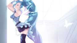Rule 34 | 1girl, belt, black skirt, black thighhighs, blue eyes, blue hair, blue shirt, breasts, bug, butterfly, cait aron, crystal earrings, earrings, from side, highres, insect, jewelry, k/da all out seraphine superstar, large breasts, league of legends, light smile, long hair, looking at viewer, ponytail, seraphine (league of legends), shirt, single vambrace, skirt, sleeveless, sleeveless shirt, solo, thighhighs, vambraces, very long hair, zettai ryouiki