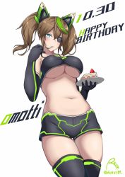 Rule 34 | 1girl, aqua eyes, bakuchiku, bandeau, black footwear, black gloves, black shorts, boots, borrowed character, breasts, brown hair, cake, commentary, cowboy shot, dated, eating, elbow gloves, english text, eyepatch, food, fork, gloves, happy birthday, headgear, highres, holding, holding fork, holding saucer, large breasts, looking at viewer, medium hair, multicolored hair, navel, original, saucer, short shorts, shorts, solo, standing, streaked hair, thigh boots, thigh gap, thighhighs, twintails, underboob