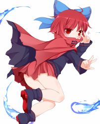 Rule 34 | 1girl, bow, cape, hair bow, hitodama, looking back, nikku (ra), red eyes, red hair, revision, sekibanki, solo, thighs, touhou, v over eye