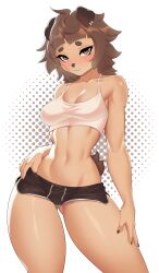 Rule 34 | 1girl, absurdres, animal ears, blush, breasts, brown eyes, brown hair, brown shorts, closed mouth, commission, crop top, dog ears, dog girl, furry, furry female, highres, long hair, medium breasts, midriff, navel, original, shorts, smile, solo, stomach, tank top, weelzelu, white tank top