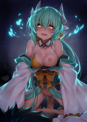 Rule 34 | 1boy, 2girls, :d, all fours, breasts, brown eyes, censored, detached collar, fate/grand order, fate (series), fujimaru ritsuka (male), glowing, green hair, hair over eyes, hassan of serenity (fate), heart, heart-shaped pupils, hetero, horns, kiyohime (fate), kiyohime (fate/grand order), kiyohime (swimsuit lancer) (fate), kiyohime (swimsuit lancer) (first ascension) (fate), kodama yuu, medium breasts, mosaic censoring, multiple girls, nipples, one breast out, open mouth, penis, pussy juice, sex, smile, sweat, symbol-shaped pupils, vaginal, when you see it