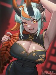 Rule 34 | 1girl, armpit crease, armpits, black dress, blush, breast focus, breasts, china dress, chinese clothes, cleavage, close-up, dark-skinned female, dark skin, dress, grey hair, highres, horns, kit (sintrybest), large breasts, looking at viewer, multicolored hair, open mouth, orange hair, original, pointy ears, red eyes, short hair, sin (sintrybest), smile, streaked hair