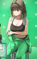 Rule 34 | 1girl, arm under breasts, bodysuit, breasts, brown eyes, brown hair, chair, cleavage, collarbone, colored inner hair, crop top, green bodysuit, green hair, green screen, hair intakes, hair ornament, hairclip, highres, large breasts, looking at viewer, medium hair, midriff, miru (ormille), mole, mole on breast, multicolored hair, navel, original, ormille, shirt, sitting, sleeveless, sleeveless shirt, solo, sweat, two-tone hair, undressing, viewfinder