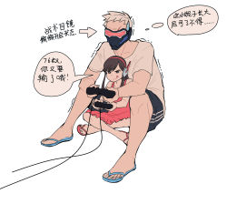 Rule 34 | 1boy, 1girl, ;p, aged down, bare shoulders, brown hair, chinese text, collarbone, controller, covered mouth, d.va (overwatch), dress, fatherly, flat color, game controller, gamepad, hairband, headphones, highres, indian style, jiuyin, long hair, mask, mouth mask, nail polish, one eye closed, overwatch, overwatch 1, playing games, scar, shaking, short hair, short sleeves, shorts, simple background, sitting, slippers, soldier: 76 (overwatch), sweatdrop, toenail polish, toenails, tongue, tongue out, translation request, trembling, visor, white background, white hair