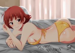 Rule 34 | 1girl, artist name, ass, bed, bikini, blush, closed mouth, commentary request, curtains, dated, from side, hand in own hair, happy birthday, highres, idolmaster, idolmaster million live!, indoors, looking at viewer, lying, nonohara akane, on bed, on stomach, ponpon, red eyes, red hair, short hair, signature, smile, solo, swimsuit, yellow bikini
