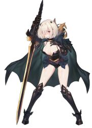 Rule 34 | 1girl, armor, black choker, black cloak, black leotard, blonde hair, blush, breasts, brown dust 2, center opening, choker, cloak, full body, game cg, gauntlets, greatsword, greaves, grimace, hair between eyes, hair over one eye, hand on own chest, holding, holding sword, holding weapon, hood, hooded cloak, justia (brown dust), large breasts, leaning on weapon, legs apart, leotard, lips, looking at viewer, official alternate costume, official art, red eyes, second-party source, short hair, small horns, solo, sweat, sword, teeth, weapon
