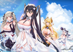 Rule 34 | 4girls, :d, :o, antlers, azur lane, bare shoulders, black panties, black thighhighs, blue sky, blush, breasts, cleavage, cloud, collarbone, commentary request, cowboy shot, day, formidable (azur lane), hair between eyes, hibi (hibi 1516), highres, horns, illustrious (azur lane), indomitable (azur lane), looking at viewer, midriff, multiple girls, navel, open mouth, panties, parted lips, sidelocks, sky, smile, standing, teeth, thighhighs, underwear, upper teeth only, victorious (azur lane), white thighhighs