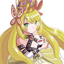 1girl bare_shoulders binbincho blonde_hair bow butterfly_hair_ornament celine_(fire_emblem) crown cup dress dress_bow fire_emblem fire_emblem_engage gem green_eyes hair_ornament highres holding holding_cup long_hair looking_at_viewer nintendo orange_bow orange_gemstone princess smile solo teacup upper_body very_long_hair wrist_bow yellow_dress