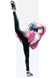 Rule 34 | 1girl, black hair, blue eyes, blue pupils, highres, hood, hooded jacket, jacket, kicking, long hair, looking at viewer, open clothes, open hands, open jacket, original, pants, parted lips, pink jacket, saitou shunsuke, shoes, sneakers, solo, standing, standing on one leg, sweatpants, white footwear