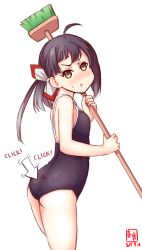 Rule 34 | 1girl, ahoge, alternate costume, arrow (symbol), artist logo, asymmetrical bangs, black hair, black one-piece swimsuit, broom, cleaning brush, commentary request, competition school swimsuit, cursor, dated, fujinami (kancolle), gradient hair, grey hair, hair ribbon, highres, kanon (kurogane knights), kantai collection, long hair, looking at viewer, multicolored hair, one-piece swimsuit, poking, pout, ribbon, school swimsuit, side ponytail, simple background, solo, swimsuit, white background, white ribbon
