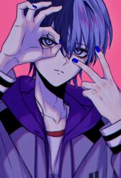 Rule 34 | 1boy, aoyagi touya, blue hair, blue nails, closed mouth, commentary request, dark blue hair, drawstring, fingernails, grey eyes, hair between eyes, highres, hood, hood down, korean commentary, long sleeves, looking at viewer, male focus, mole, mole under eye, multicolored hair, ok sign, pink background, project sekai, purple hood, short hair, simple background, solo, split-color hair, two-tone hair, upper body, v, v prsk