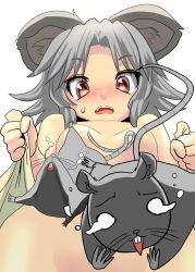 Rule 34 | 1girl, animal ears, blush, censored, convenient censoring, female focus, grey hair, ishikkoro, mouse (animal), mouse ears, mouse tail, nazrin, nude, open mouth, red eyes, short hair, solo, tail, touhou, towel, upper body