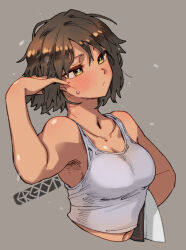 Rule 34 | 1girl, blush, breasts, brown hair, cleavage, cropped torso, ergot, grey background, hair between eyes, hand in own hair, holding, holding clothes, kantai collection, medium breasts, miyuki (kancolle), navel, parted lips, short hair, signature, simple background, solo, sweat, tank top, toned, upper body, yellow eyes