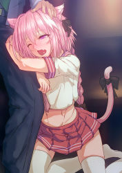 Rule 34 | 1boy, animal ears, astolfo (fate), astolfo (sailor paladin) (fate), aya shobon, braid, cat ears, cat tail, fang, fate/apocrypha, fate (series), headpat, heart, heart-shaped pupils, male focus, official alternate costume, one eye closed, pink hair, purple eyes, short hair, skirt, symbol-shaped pupils, tail, thighhighs, thighs, trap, white legwear