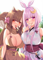 Rule 34 | 2girls, animal ears, blunt bangs, blush, breasts, brown dress, brown gloves, brown hair, cleavage, commentary request, crescent, crescent hair ornament, detached sleeves, dress, gloves, hair ornament, halter dress, halterneck, hand on own hip, highres, japanese clothes, kimono, large breasts, looking at viewer, multiple girls, obi, original, outdoors, purple eyes, purple hair, rabbit ears, rabbit girl, red eyes, ringo sui, sash, sidelocks, sleeveless, sleeveless dress, squirrel ears, squirrel girl, squirrel tail, tail, tongue, tongue out