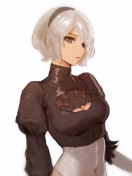 Rule 34 | 1girl, black eyes, breasts, cleavage cutout, clothing cutout, covered navel, eyebrows hidden by hair, gloves, hairband, highres, juliet sleeves, leotard, long sleeves, looking at viewer, mask, unworn mask, nier (series), nier:automata, ombre t, puffy sleeves, short hair, small breasts, solo, turtleneck, white background, white gloves, white hair, white hairband, white leotard, 2b (nier:automata)