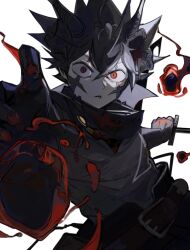 Rule 34 | 1boy, asta (black clover), black clover, black hair, headband around neck, highres, holding, holding sword, holding weapon, katana, looking at viewer, male focus, outstretched arm, poonwip, red eyes, short hair, simple background, solo, spiked hair, sword, weapon, white background