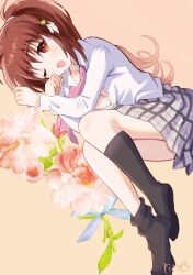 Rule 34 | 1girl, ;o, bell, black socks, blush, brown eyes, brown hair, collared shirt, commentary request, dutch angle, eyelashes, floral background, flower, full body, grey skirt, hair between eyes, highres, jingle bell, kneehighs, light brown background, little busters!, little busters! school uniform, long hair, long sleeves, looking at viewer, lying, miniskirt, natsume rin, neck bell, neck ribbon, no shoes, on side, one eye closed, open clothes, open mouth, open shirt, partially unbuttoned, pink flower, pink ribbon, piyo (kinkooo333), pleated skirt, ponytail, ribbon, school uniform, shirt, signature, simple background, skirt, sleepy, socks, solo, white shirt, yawning