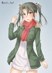 Rule 34 | 1girl, anti (untea9), blush, commentary request, cowboy shot, dress, eyelashes, fur collar, gradient background, green eyes, green hair, green jacket, grey background, hair ribbon, highres, jacket, kantai collection, long hair, looking at viewer, one-hour drawing challenge, open mouth, partial commentary, red scarf, ribbon, scarf, solo, twintails, twitter username, white dress, white ribbon, zuikaku (kancolle)