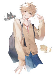 Rule 34 | 1boy, absurdres, ahoge, backpack, bag, blue pants, blush, brown cardigan, brown eyes, brown hair, buttons, cardigan, cat, closed mouth, collared shirt, cropped legs, dog, hair between eyes, head tilt, highres, layered clothes, long sleeves, looking at viewer, male focus, necktie, open collar, pants, red necktie, school uniform, shima sousuke, shirt, short hair, sidelocks, simple background, skip to loafer, solo, sweatdrop, u-sama (u summer0719), white background, white shirt