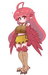 Rule 34 | 1girl, absurdres, ahoge, animal ears, bare shoulders, bird ears, bird legs, black eyes, blush, breasts, brown tank top, coco (eogks), feathers, harpy, heart, highres, huge ahoge, large breasts, long hair, looking at viewer, midriff, monster girl, nn (eogks), original, red feathers, red hair, red wings, sidelocks, simple background, skirt, smile, solo, talons, tank top, white background, winged arms, wings, yellow skirt
