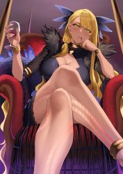 Rule 34 | 1girl, alcohol, anklet, armlet, asakura kukuri, black dress, blonde hair, bracelet, breasts, cleavage, cleavage cutout, clothing cutout, crossed legs, cup, dark-skinned female, dark skin, dragon girl, dragon horns, dragon tail, dress, drinking glass, facial mark, fate/grand order, fate (series), fur trim, highres, horns, jewelry, large breasts, legs, licking lips, long hair, long sleeves, looking at viewer, neck ring, sitting, solo, swept bangs, tail, tongue, tongue out, vritra (fate), wine, wine glass, yellow eyes
