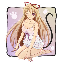 Rule 34 | 1girl, barefoot, blonde hair, breasts, brown hair, camisole, cat tail, cleavage, collarbone, covered erect nipples, earrings, artistic error, female focus, jewelry, long hair, one eye closed, pakapom, purple eyes, seiza, sitting, solo, tail, touhou, wink, wrong foot, yakumo yukari