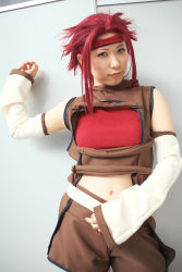 Rule 34 | 1girl, asian, blue eyes, chippi, code geass, color contacts, cosplay, highres, indoors, kouzuki kallen, kouzuki kallen (cosplay), looking at viewer, midriff, photo (medium), red hair, short hair, solo