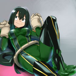 Rule 34 | 10s, 1girl, asui tsuyu, bad id, bad pixiv id, black eyes, black footwear, black hair, bodysuit, boku no hero academia, boots, breasts, brown gloves, closed mouth, commentary, covered erect nipples, frog girl, gloves, goggles, unworn goggles, green bodysuit, grey background, hair between eyes, hand up, head tilt, holding, knee up, long hair, long sleeves, looking away, looking up, low-tied long hair, lying, medium breasts, on back, ontaros, solo, straight hair, taut clothes, thigh boots, thighhighs, very long hair