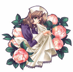 Rule 34 | 00s, 1girl, apron, brown hair, buttons, carnelian, flower, from side, green eyes, hand to own mouth, harukawa tomomi, highres, kao no nai tsuki, lace, long sleeves, maid, maid apron, parted bangs, rose, smile, solo