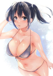 Rule 34 | 10s, 1girl, arm up, between breasts, bikini, blue eyes, blue hair, breasts, cleavage, collarbone, dated, from above, front-tie bikini top, front-tie top, grey bikini, hair between eyes, hair ribbon, highres, jewelry, kantai collection, large breasts, looking at viewer, navel, necklace, open mouth, ribbon, sakiryo kanna, shiny skin, solo, souryuu (kancolle), strap gap, string bikini, sweat, swimsuit, twintails, twitter username