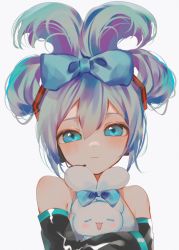 Rule 34 | 1girl, :d, absurdres, aqua bow, aqua eyes, aqua hair, bad id, bad twitter id, bare shoulders, black sleeves, blush, bow, cinnamiku, cinnamoroll, closed eyes, closed mouth, commentary request, crossover, detached sleeves, frown, grey shirt, hair between eyes, hair bow, hair ornament, hatsune miku, headset, highres, hug, latex, looking at viewer, open mouth, sanrio, shirt, sleeveless, sleeveless shirt, smile, tied ears, updo, upper body, vocaloid, vptku, white background