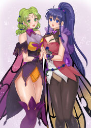 Rule 34 | 2girls, :d, absurdres, adapted costume, alternate costume, bare shoulders, black pantyhose, blue eyes, blue hair, blush, boots, braid, breasts, butterfly wings, cape, circlet, cleavage, collarbone, collared leotard, cowboy shot, dress, fire emblem, fire emblem: the sacred stones, fire emblem heroes, flower, gradient clothes, green eyes, green hair, hair flower, hair ornament, hazuki (nyorosuke), highres, holding hands, insect wings, l&#039;arachel (fire emblem), l&#039;arachel (resplendent) (fire emblem), large breasts, long hair, looking at viewer, multiple girls, nintendo, official alternate costume, open mouth, pantyhose, ponytail, purple thighhighs, short dress, showgirl skirt, simple background, sleeveless, sleeveless turtleneck leotard, smile, standing, tana (fire emblem), thigh boots, thighhighs, thighs, turtleneck, twin braids, wings, wrist cuffs