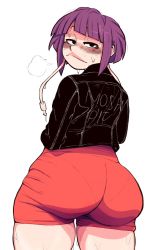 Rule 34 | 1girl, ass, blunt bangs, blush, boku no hero academia, clothes writing, dumpiwumpi, from behind, heavy breathing, huge ass, jacket, jirou kyouka, leather, leather jacket, looking at viewer, looking back, pantylines, plump, purple hair, short hair, short shorts, shorts, solo, sweat, thick thighs, thighs, tight clothes, white background, yellow background