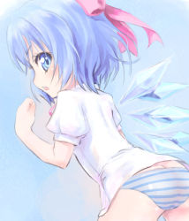 Rule 34 | &gt;:o, 1girl, :o, ass, blue eyes, blue hair, blush, butt crack, cirno, clenched hand, collared shirt, from behind, hair ribbon, ice, ice wings, looking at viewer, matching hair/eyes, panties, pokomi, ribbon, shirt, short hair, solo, striped clothes, striped panties, touhou, underwear, v-shaped eyebrows, wings