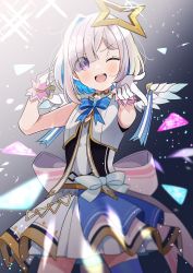 Rule 34 | 1girl, ;d, amane kanata, blue bow, blue bowtie, blue hair, blue thighhighs, blush, bow, bowtie, colored inner hair, dress, eyes visible through hair, gloves, hair ornament, hair over one eye, highres, hololive, hutaba haru, jacket, looking at viewer, multicolored hair, one eye closed, open mouth, purple eyes, silver hair, single thighhigh, smile, solo, star (symbol), star hair ornament, thighhighs, v-shaped eyebrows, virtual youtuber, white dress, white gloves, white jacket