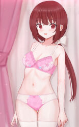 Rule 34 | 1girl, blush, bow, bow panties, bra, breasts, cleavage, collarbone, curtains, floral print, hair ribbon, highres, long hair, looking at viewer, medium breasts, navel, open mouth, panties, pink bow, pink bra, pink panties, ponytail, print bra, print panties, red eyes, red hair, ribbon, shooko, smile, standing, thighhighs, underwear, white ribbon, white thighhighs