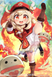 Rule 34 | 1girl, absurdres, ahoge, artist name, blonde hair, boots, brown footwear, brown gloves, cabbie hat, character name, commentary request, copyright name, dress, explosion, genshin impact, gloves, hand up, hat, highres, holding leg, huge filesize, klee (genshin impact), long sleeves, looking at viewer, minggoo, open mouth, pointy ears, red dress, red eyes, red hat, ribbed legwear, round teeth, shorts under dress, smile, solo, split, standing, standing on one leg, standing split, teeth, twintails, upper teeth only, v