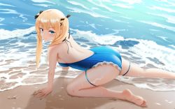 Rule 34 | 1girl, all fours, ass, azur lane, back, bare legs, bare shoulders, barefoot, beach, black ribbon, blonde hair, blue eyes, blue one-piece swimsuit, blush, breasts, casual one-piece swimsuit, closed mouth, commentary, dead or alive, feet, frilled swimsuit, frills, from side, gan-viking, hair ornament, hair ribbon, highres, legs, long hair, looking at viewer, looking to the side, marie rose, medium breasts, neck garter, ocean, one-piece swimsuit, revision, ribbon, sideboob, smile, soles, solo, swimsuit, thigh strap, toes, twintails, water, x hair ornament