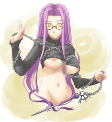 Rule 34 | 00s, 1girl, blue (ao maru), breasts, chain, fate/stay night, fate (series), glasses, large breasts, long hair, medusa (fate), medusa (rider) (fate), midriff, nameless dagger (fate), official alternate costume, purple hair, solo, underboob, very long hair, yellow eyes