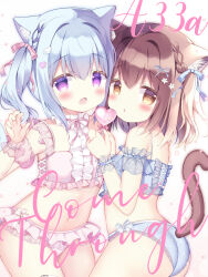 2girls :o animal_ear_fluff animal_ears ass azumi_kazuki bare_shoulders blue_bow blue_bra blue_hair blue_panties blush bow bra braid breasts brown_eyes brown_hair cat_ears cat_girl cat_tail center_frills commentary_request detached_sleeves frilled_panties frills hair_between_eyes hair_bow hair_intakes heart highres holding multiple_girls navel open_mouth original panties parted_lips pink_bow pink_bra puffy_short_sleeves puffy_sleeves purple_eyes see-through_clothes see-through_sleeves short_sleeves small_breasts tail twintails underwear underwear_only wedgie white_panties wrist_cuffs