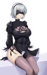 Rule 34 | 1girl, arrow (symbol), black blindfold, black gloves, black hairband, blindfold, bob cut, breasts, cleavage, cleavage cutout, clothing cutout, commentary, damobelmont, dress, feather-trimmed sleeves, gloves, hairband, juliet sleeves, large breasts, long sleeves, mole, mole under mouth, nier:automata, nier (series), parted lips, puffy sleeves, short dress, short hair, side slit, sitting, skin tight, skindentation, solo, taut clothes, taut dress, thighhighs, thighs, white background, white hair, 2b (nier:automata)