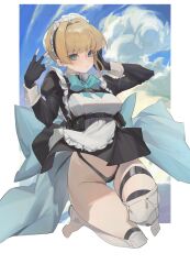 Rule 34 | 1girl, absurdres, apron, black gloves, black panties, blonde hair, blue archive, blue bow, blue eyes, boots, bow, cc drawing, cloud, fingerless gloves, frilled apron, frills, gloves, highres, long sleeves, looking at viewer, maid, maid apron, maid headdress, panties, thigh strap, toki (blue archive), underwear, upskirt, white footwear