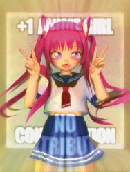 Rule 34 | 1girl, absurdres, animal ears, blue sailor collar, blue skirt, cat ears, commentary, cowboy shot, double v, english commentary, english text, fangs, hands up, highres, long hair, looking at viewer, miniskirt, neckerchief, open mouth, original, pink hair, pleated skirt, purple eyes, red neckerchief, sailor collar, sailor shirt, school uniform, serafuku, shirt, short sleeves, skirt, smile, solo, standing, straight-on, twintails, ufoshock, v, white shirt